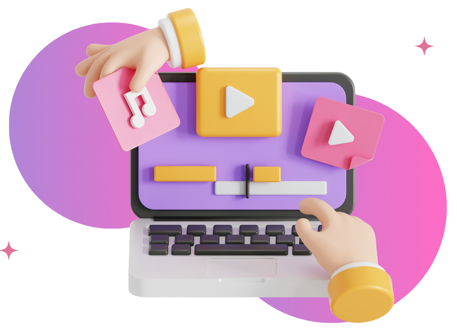 Ilustración 3D de un portátil con editor de video, botones de reproducción y manos editando
